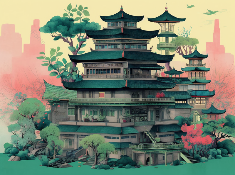 山水山庄植被中国风古典建筑插画背景,插画/手绘图,插画/手绘图库,插画/手绘图下载,插画/手绘